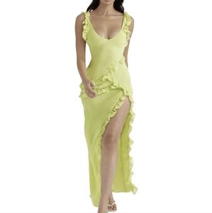 Long yellow ruffle trim dress. Bodycon.Size Small